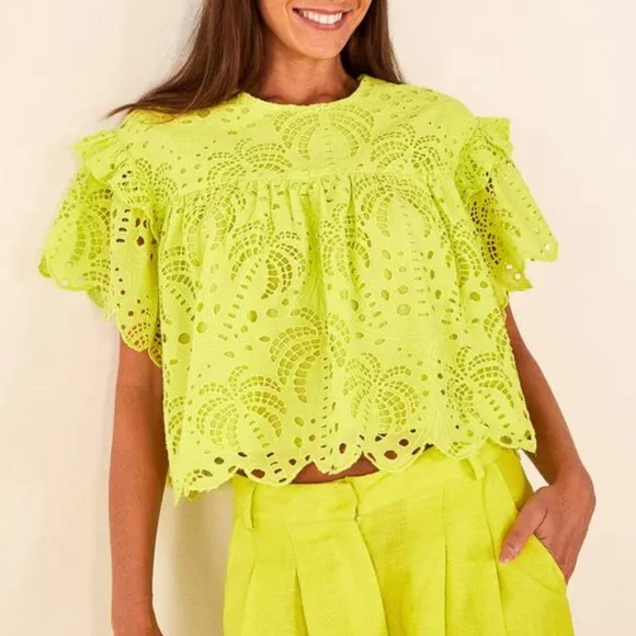 Anthropologie Tops - Farm Rio Palm Tree Richelieu Cotton Eyelet Crop Blouse in Lime Green size S